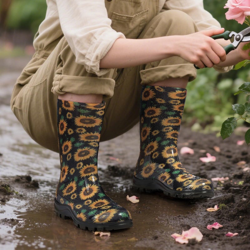 Asgard Women's Mid Calf Rain Boots Short Waterproof Garden Shoes Flower Print Sunflowers 40 (9) - Image 2